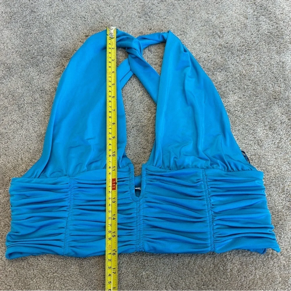 Zara blue ruched deep plunge V-neck halter crop top crisscross open back Sz XL - Picture 8 of 13